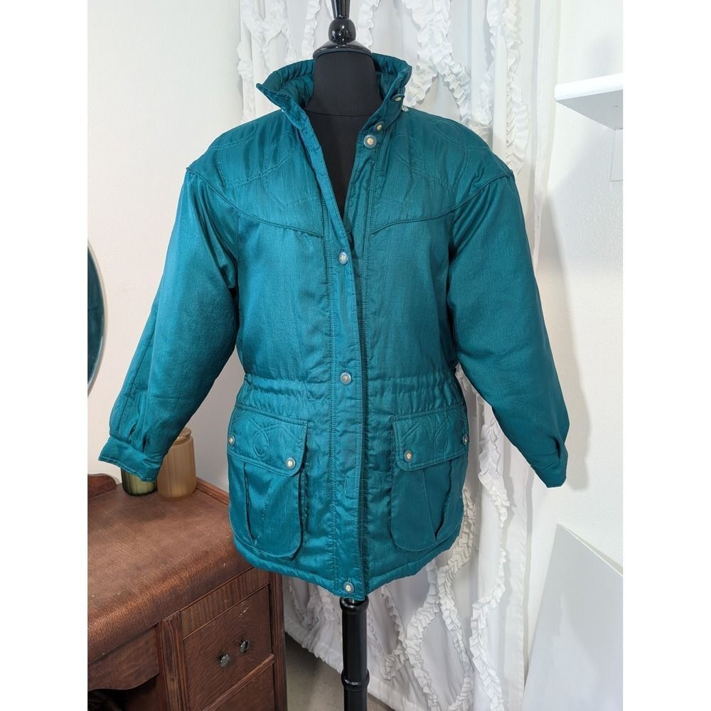 VTG 80s 90s Teal Ski Jacket Parka Puffer Quilted Cinched Waist SM Current Seen